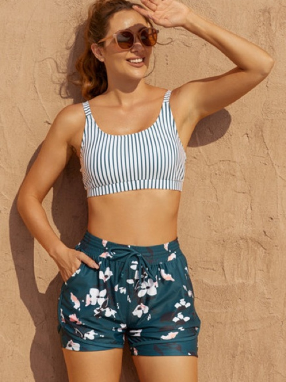 Striped Scoop Bikini Top with Teal Floral Swim Shorts - White & Teal